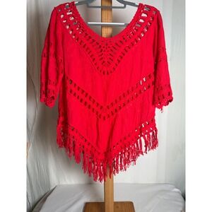 Red Crochet Fringe Boho Top Cotton Embroidered Festival Poncho Style One Size